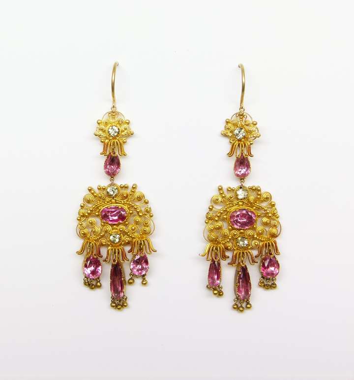 Pair of  cannetille gold and pink foiled topaz pendant earrings